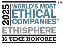 Selo "2025 World's Most Ethical Companies®" do Ethisphere, indicando ser homenageado pela 16ª vez. Texto em preto e azul. Selo "2025 World's Most Ethical Companies®" do Ethisphere, indicando ser homenageado pela 16ª vez. Texto em preto e azul.