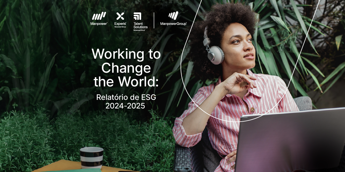 Mulher usando fones de ouvido e notebook, com texto: "Working to Change the World: Relatório de ESG 2024-2025". Mulher usando fones de ouvido e notebook, com texto: "Working to Change the World: Relatório de ESG 2024-2025".
