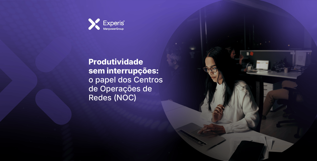 Mulher trabalhando em escritório à noite, com texto: "Produtividade sem interrupções: o papel dos Centros de Operações de Redes (NOC)". Mulher trabalhando em escritório à noite, com texto: "Produtividade sem interrupções: o papel dos Centros de Operações de Redes (NOC)".