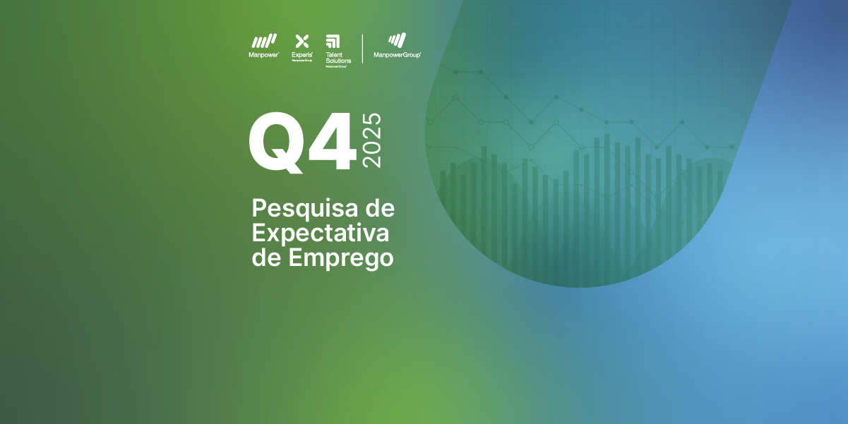 Banner da Pesquisa de Expectativa de Emprego Q4 2025 do ManpowerGroup, com fundo em degradê verde e azul e gráficos ao fundo. Banner da Pesquisa de Expectativa de Emprego Q4 2025 do ManpowerGroup, com fundo em degradê verde e azul e gráficos ao fundo.