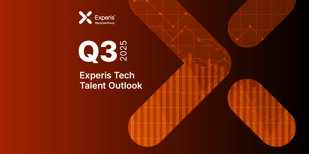 Banner para "Experis Tech Talent Outlook Q3 2025" da ManpowerGroup, com gráficos e setas em tons de laranja. Banner para "Experis Tech Talent Outlook Q3 2025" da ManpowerGroup, com gráficos e setas em tons de laranja.