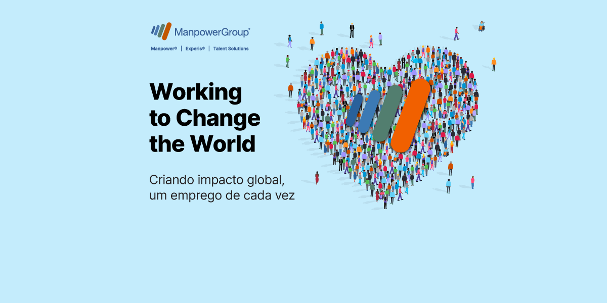 Grupo de pessoas formando um coração. Acima, o símbolo do ManpowerGroup Grupo de pessoas formando um coração. Acima, o símbolo do ManpowerGroup