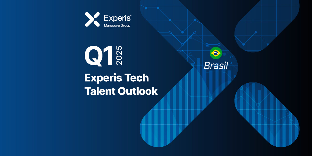 Banner digital com fundo azul escuro em tons gradientes, apresentando o relatório 'Experis Tech Talent Outlook' referente ao primeiro trimestre de 2025 (Q1 2025). O logotipo da Experis (parte do grupo ManpowerGroup) está localizado no canto superior esquerdo. À direita, há elementos gráficos com linhas e pontos conectados, remetendo a dados e tecnologia. O destaque 'Brasil' é evidenciado pela presença de uma bandeira brasileira ao lado do texto, indicando que o relatório é direcionado para o mercado brasileiro. Banner digital com fundo azul escuro em tons gradientes, apresentando o relatório 'Experis Tech Talent Outlook' referente ao primeiro trimestre de 2025 (Q1 2025). O logotipo da Experis (parte do grupo ManpowerGroup) está localizado no canto superior esquerdo. À direita, há elementos gráficos com linhas e pontos conectados, remetendo a dados e tecnologia. O destaque 'Brasil' é evidenciado pela presença de uma bandeira brasileira ao lado do texto, indicando que o relatório é direcionado para o mercado brasileiro.