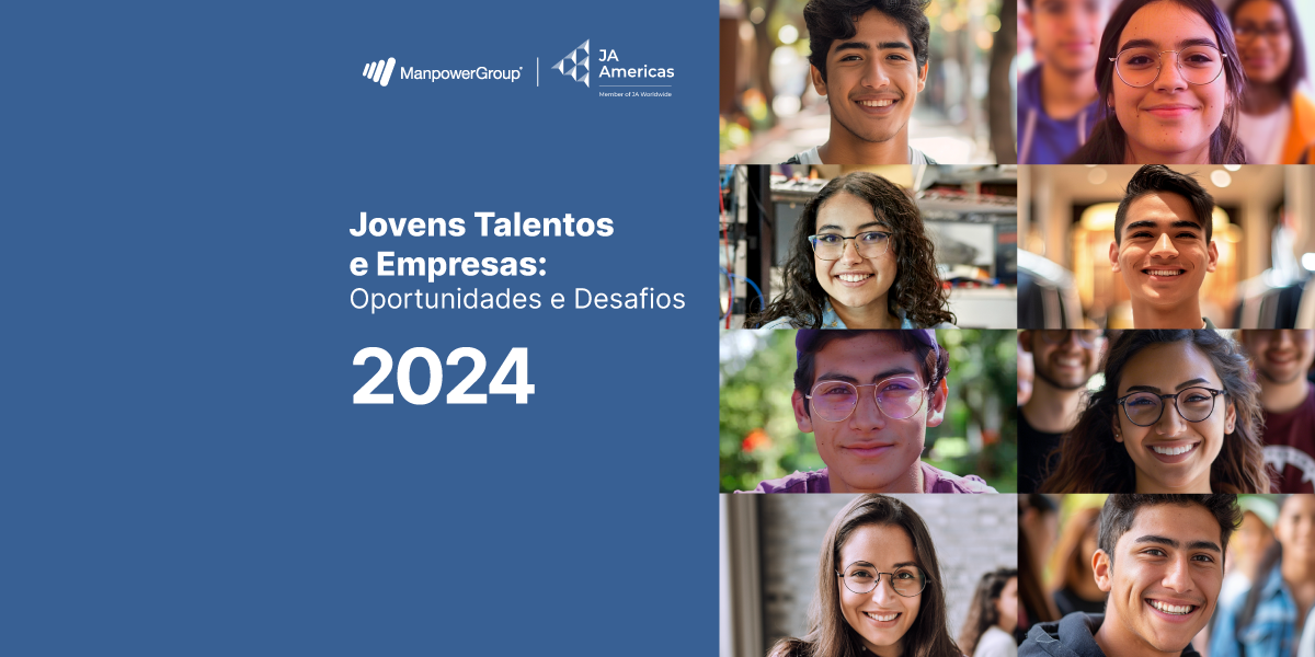 Fotografias de Jovens Latinos em fundo azul marinho com o título: Jovens Talentos e Empresas: Oportunidades e Desafios Fotografias de Jovens Latinos em fundo azul marinho com o título: Jovens Talentos e Empresas: Oportunidades e Desafios