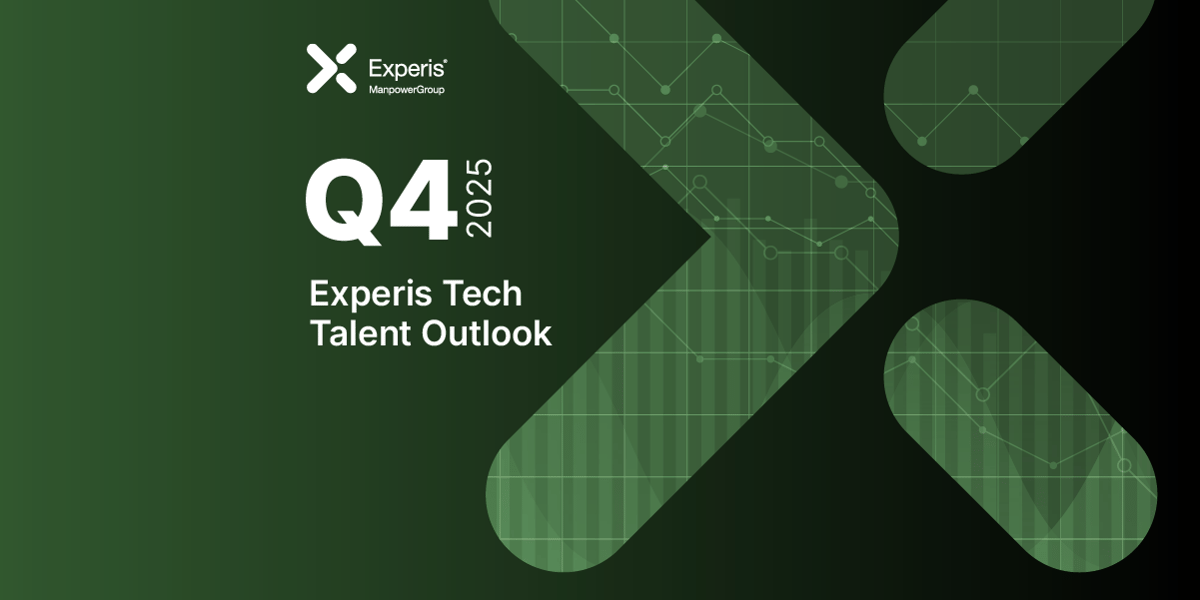 Capa do relatório Experis Tech Talent Outlook Q4 2025, em fundo verde com elementos gráficos de tecnologia e o logotipo da Experis ManpowerGroup. Capa do relatório Experis Tech Talent Outlook Q4 2025, em fundo verde com elementos gráficos de tecnologia e o logotipo da Experis ManpowerGroup.