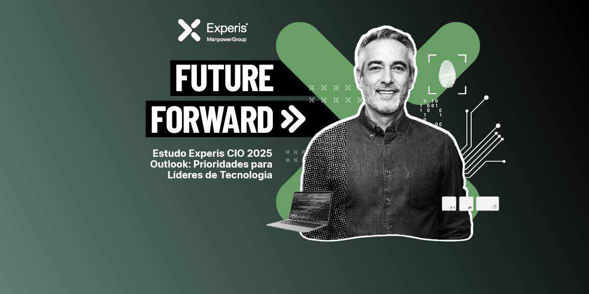 Um homem sorridente com cabelos grisalhos e barba rala, em preto e branco, sobre um fundo verde escuro com elementos tecnológicos e o texto "FUTURE FORWARD >> Estudo Experis CIO 2025". Um homem sorridente com cabelos grisalhos e barba rala, em preto e branco, sobre um fundo verde escuro com elementos tecnológicos e o texto "FUTURE FORWARD >> Estudo Experis CIO 2025".