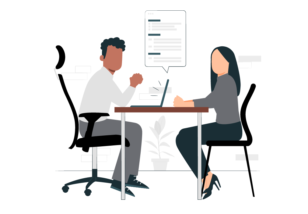 Duas pessoas em uma mesa, possivelmente em entrevista ou reunião de negócios. (2)