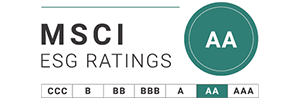 Selo "MSCI ESG RATINGS" com classificação "AA" destacada em verde, indicando um bom desempenho em critérios ambientais, sociais e de governança. Selo "MSCI ESG RATINGS" com classificação "AA" destacada em verde, indicando um bom desempenho em critérios ambientais, sociais e de governança.
