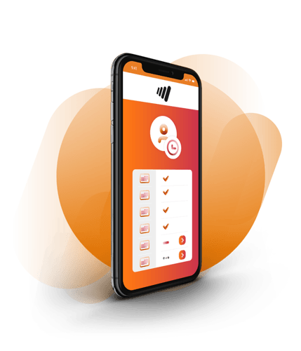 Mockup de um smartphone exibindo a interface de um aplicativo com tons de laranja e vermelho. A tela do app apresenta um ícone de perfil com um relógio, seguido de uma lista com itens marcados como concluídos (representados por ícones de check). Ao fundo, formas abstratas laranjas complementam o design, criando uma aparência moderna e dinâmica. Mockup de um smartphone exibindo a interface de um aplicativo com tons de laranja e vermelho. A tela do app apresenta um ícone de perfil com um relógio, seguido de uma lista com itens marcados como concluídos (representados por ícones de check). Ao fundo, formas abstratas laranjas complementam o design, criando uma aparência moderna e dinâmica.