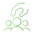 Ícone verde linear sobre fundo branco: mão alcançando um grupo de três figuras circulares sobre arcos, representando seleção ou recrutamento. Ícone verde linear sobre fundo branco: mão alcançando um grupo de três figuras circulares sobre arcos, representando seleção ou recrutamento.