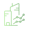 Ícone verde linear sobre fundo branco: prédios estilizados e dois gráficos de linha ascendentes, representando crescimento ou desenvolvimento urbano. Ícone verde linear sobre fundo branco: prédios estilizados e dois gráficos de linha ascendentes, representando crescimento ou desenvolvimento urbano.