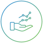 Ícone circular gradiente azul e verde mostrando uma mão aberta sustentando duas linhas de gráfico ascendentes com pontos. Ícone circular gradiente azul e verde mostrando uma mão aberta sustentando duas linhas de gráfico ascendentes com pontos.