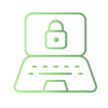 Ícone verde linear sobre fundo branco: laptop aberto com um cadeado na tela, representando segurança de dados ou tela de bloqueio. Ícone verde linear sobre fundo branco: laptop aberto com um cadeado na tela, representando segurança de dados ou tela de bloqueio.