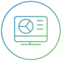 Ícone circular gradiente azul e verde de um monitor mostrando um gráfico de pizza e três barras horizontais. Ícone circular gradiente azul e verde de um monitor mostrando um gráfico de pizza e três barras horizontais.