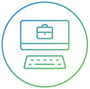 Ícone circular gradiente azul e verde de um computador com uma pasta de trabalho na tela e um teclado abaixo. Ícone circular gradiente azul e verde de um computador com uma pasta de trabalho na tela e um teclado abaixo.