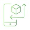 Ícone verde linear sobre fundo branco: smartphone com um cubo 3D e setas bidirecionais, representando realidade aumentada ou interação virtual. Ícone verde linear sobre fundo branco: smartphone com um cubo 3D e setas bidirecionais, representando realidade aumentada ou interação virtual.