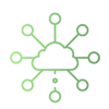 Ícone verde linear sobre fundo branco: nuvem central conectada a vários círculos periféricos, representando computação em nuvem ou rede distribuída. Ícone verde linear sobre fundo branco: nuvem central conectada a vários círculos periféricos, representando computação em nuvem ou rede distribuída.