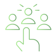 Ícone verde linear sobre fundo branco: mão apontando para uma figura destacada com brilho acima, entre outras duas figuras. Ícone verde linear sobre fundo branco: mão apontando para uma figura destacada com brilho acima, entre outras duas figuras.