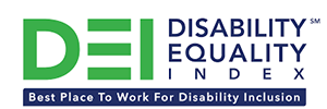Selo verde e azul "DEI Disability Equality Index: Best Place To Work For Disability Inclusion". Selo verde e azul "DEI Disability Equality Index: Best Place To Work For Disability Inclusion".
